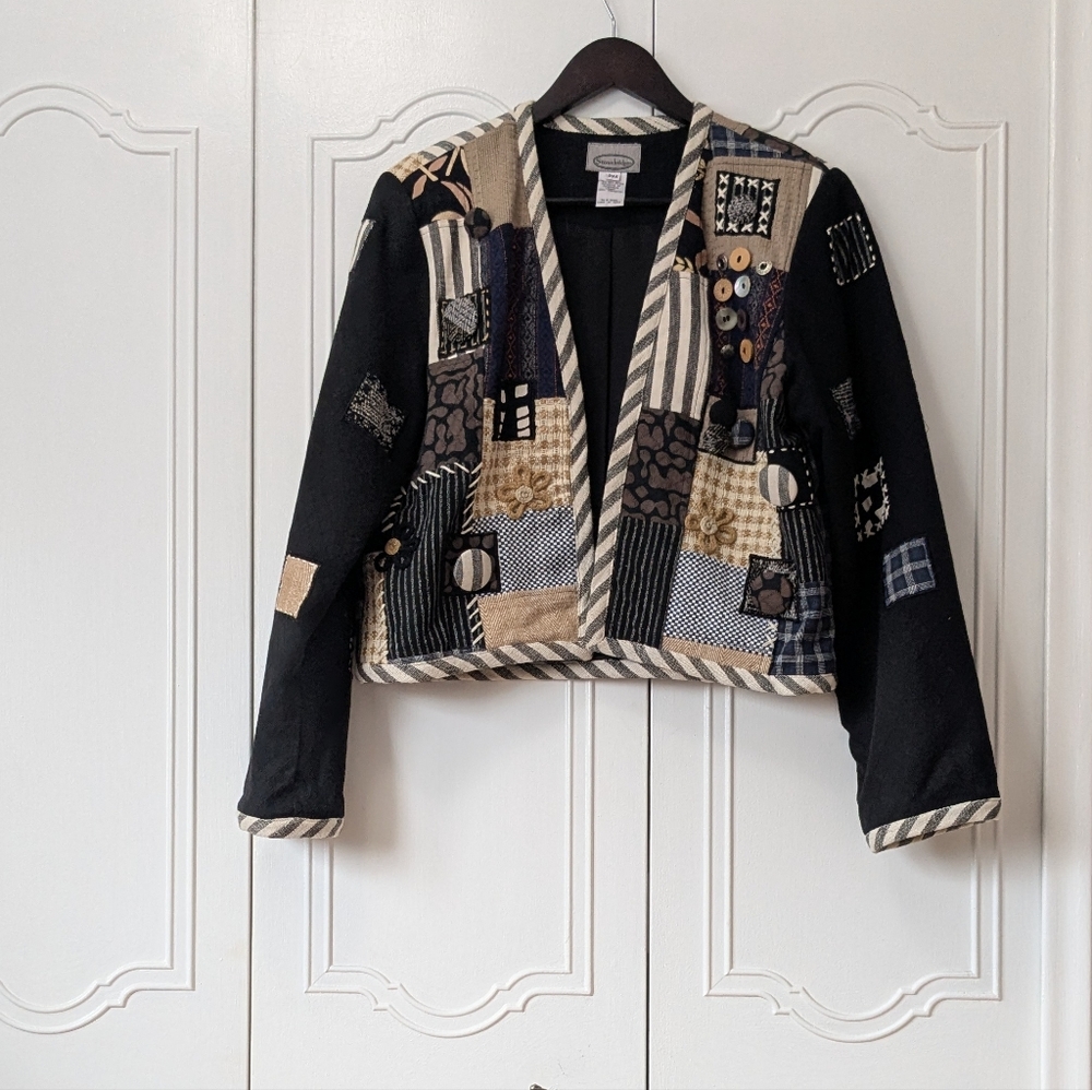 Stonebrige Women's Chic Patchwork Blazer with Black and Tan Accents 100%cotton